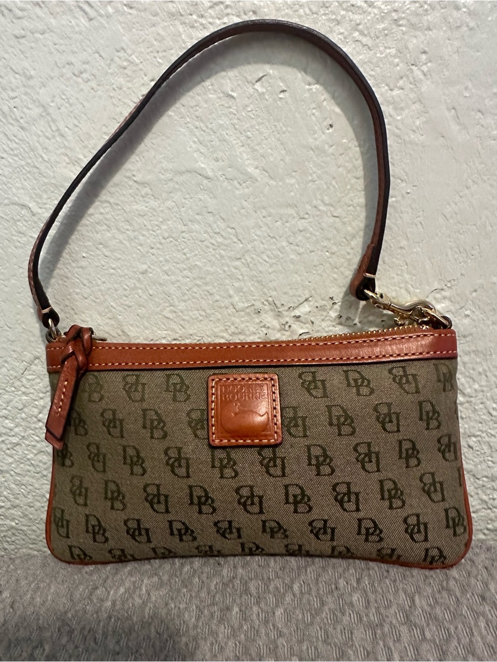 Dooney & Bourke Olive Logo Canvas Wristlet with Brown Leather Trim - Picture 9 of 11